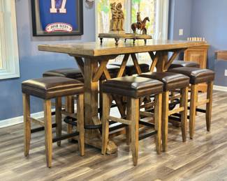 Rustic Bar-Height Table Set with 8 Stools, beautiful wood pub-style table with sturdy trestles base and 8 matching cushioned stools.