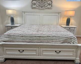 White Farmhouse King Bedroom Set, with paneled headboard and Matching Nightstands