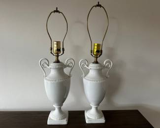 Pair Of Alka Kunst (Bavaria) White Porcelain Snake Handled Vases Now As Lamps