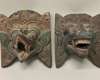 Pair Of Antique Balinese Carved And Polychromed Wood Masks (2)