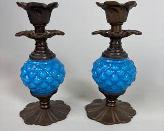Pair Of Antique Brass And Torquoise Glass Candlestick Holders