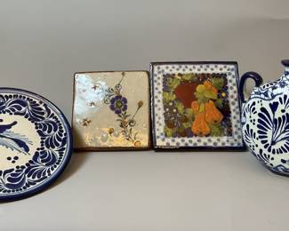 Two Mexico Pottery Blue And White Pieces Together With Two Tiles (4)
