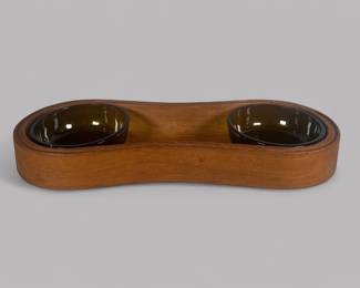 Dansk MCM Teak Wood Serving Tray With Two Glass Bowls