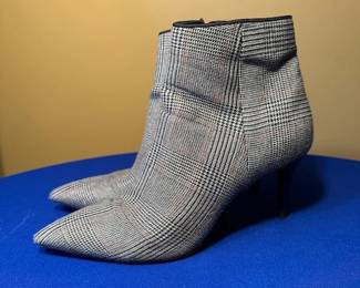 CABI gray black plaid fabric side-zip heels, size 8