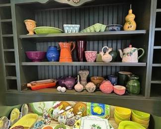 Beautiful decorative serving bowls, platers, vases, tea pots, pitchers, including Le Creuset