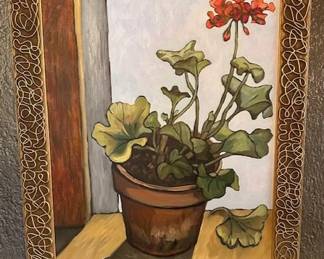 “Potted Geranium” original gouache painting, signed by  E. Allen, 1997