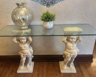 Glass top Cast Stone Cherubs entry table