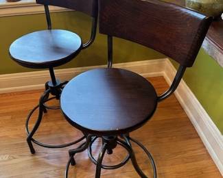 2 iron and wood bar stools