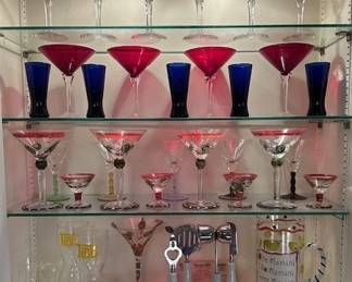 Fun martini glasses, coupe-style glasses, shot glasses and bar tools.