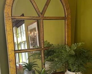 Arch-shaped wooden decorative gothic garden mirror.