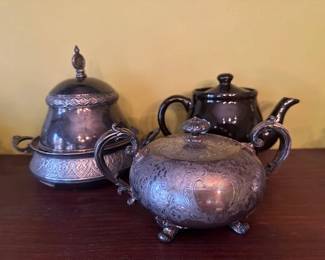 Antique silver platted cream & sugar and teapot