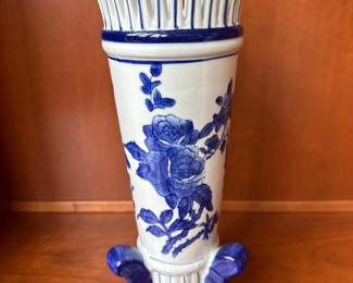 TALL Chinoiserie Blue & White Porcelain Footed Vase