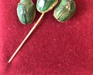 Victorian Gold Egyptian Scarab Beetle stick pin and earrings