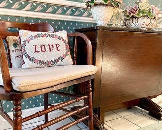 Oak Arm Chair, Small Pillows, Floral Vases