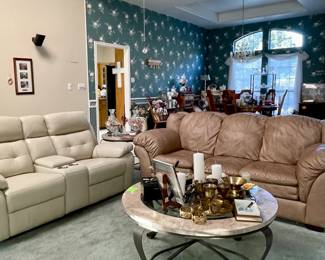 Tan Leather Sofa, Cream Leather Reclining Sofa, Coffee Table with Marble and Glass Top