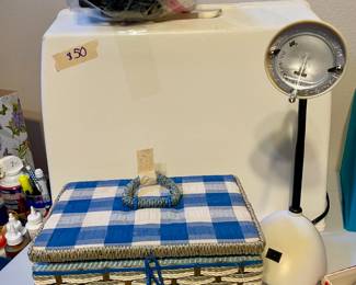 Sewing Machine, Sewing Box full of thread, Lamp