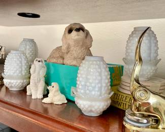 Milk Glass Fairy Lamp, Dog Figurines