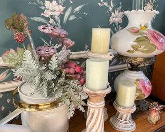 Hurricane Lamp, Candles, Florals