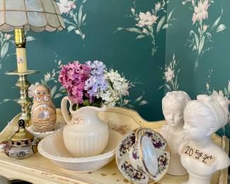 Capiz Shell and Brass Lamp, Male and Female Bust, Nesting Doll