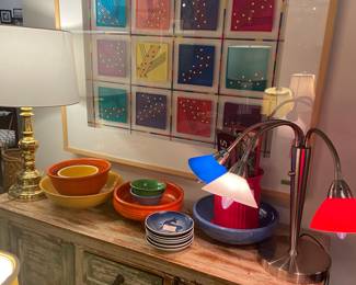 Cabinet / dresser,
Vintage lamp, original artwork, vintage bowls