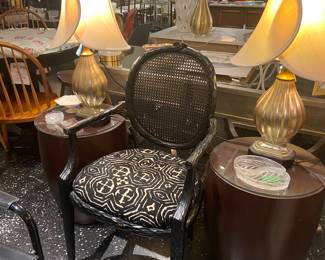 Chair, wood round side tables, table lamps