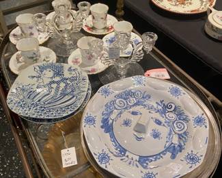 Antique bar cart, Hammersley Spode china, Nymolle Danemark plates, glass candle holders