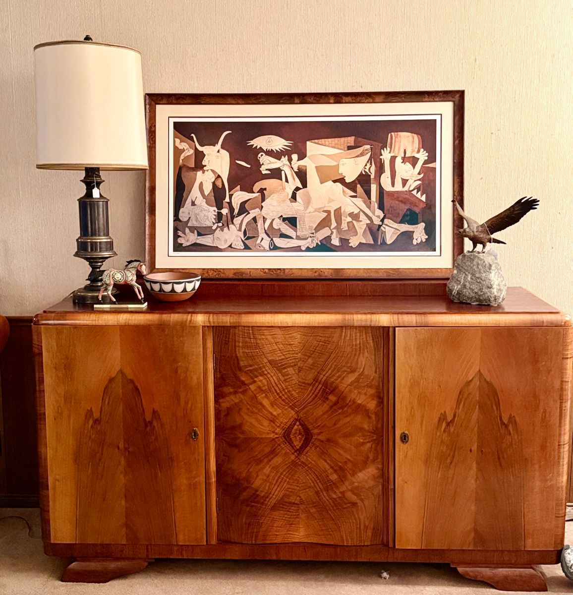 MCM Burl Wood Buffet/ Side Board -                                                Framed signed art by Michael Cousins - homage to Picasso's 1937 masterpiece " Guernica" 