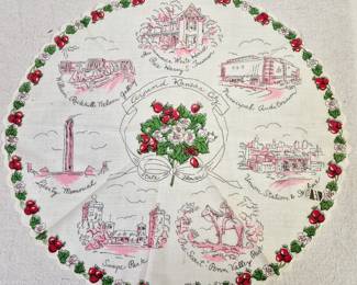 Large selection of hankies, linens, quilts and blankets. Vintage Kansas City round hankie