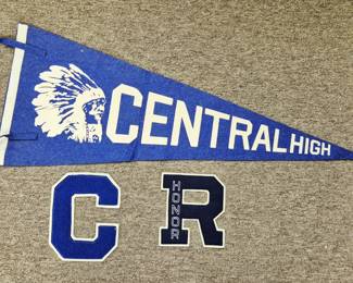 Much St. Joseph collectibles. Vintage Central High School pennant and varsity are reserve varsity letter