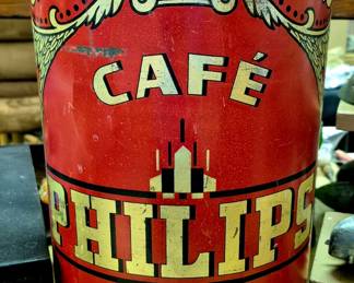 Much vintage advertising. "Cafe Philips Koffee" tin