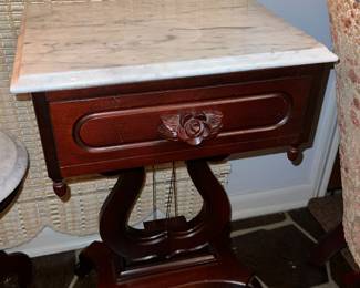 Victorian Empire style mahogany lyre marble top side table