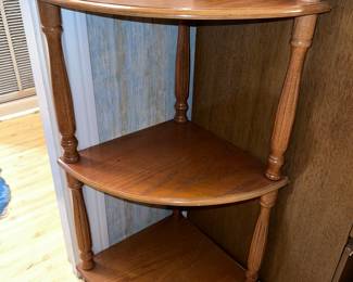 vintage wood corner display shelf with spindles