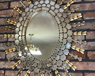 MCM wood oval sunburst wall mirror