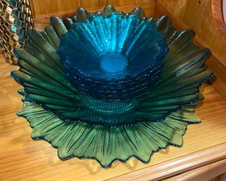 Vintage Blue art glass Salad bowl set