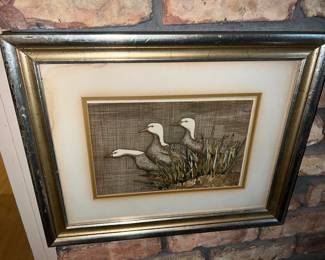 hand-colored etching of Emperor Geese by artist Yvonne Davis