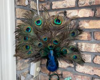 decorative artificial peacock with its tail feathers fanned out