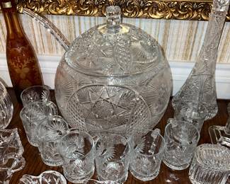 Crystal Cut Glass Punchbowl set W/ Ladle & 8 cups