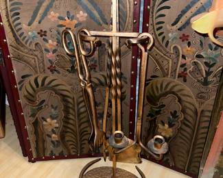 Wrought iron fireplace tool set with a gold gilt finish