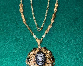 Vintage West Germany Black hematite cameo gold filigree necklace