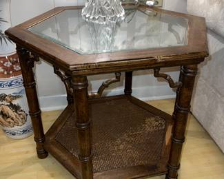 Lane Mid Century Walnut 2 Tier Chinese Chippendale Bamboo Glass top Side table