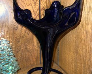 Murano-style cobalt blue glass trumpet swirl vase