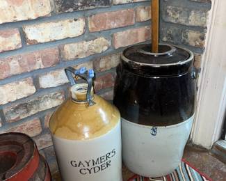 Gaymer's Cyder stoneware jug or crock dispenser & stoneware butter churn