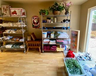 Curtain panels, sheers, lace doilies, area rugs, towel bundles, reading side table, xmas lighting