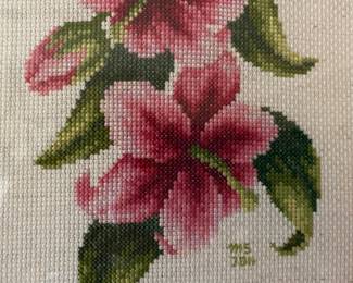 Sample of detailed handmade cross-stitch artwork found throughout the house. Framed and unframed available,