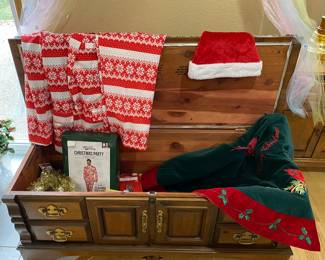 Lane cedar chest, Lighted Xmas party suit XL, tree skirt