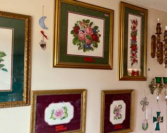  Framed cross-stitch and wall decor