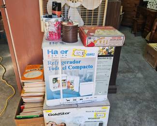 Haier mini fridge,  Galaxy box fan, Goldstar 8000btu air-conditioner