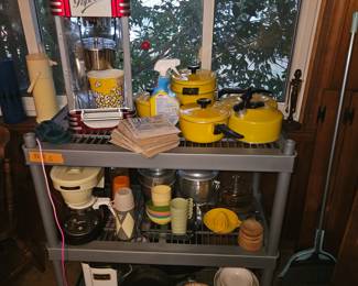 Popcorn poppers, Retro pots and pans (please ignore the Clorox bleach spray, oops)