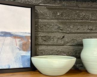 Vintage Studio Pottery Bowl and Matching Vase. Seaside Abstract Wall Art.