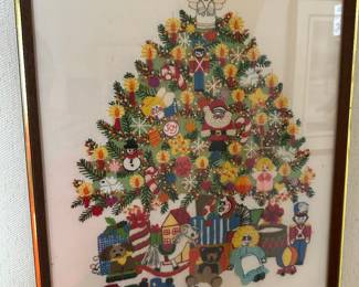 Vintage Crewel Embroidery Framed Art